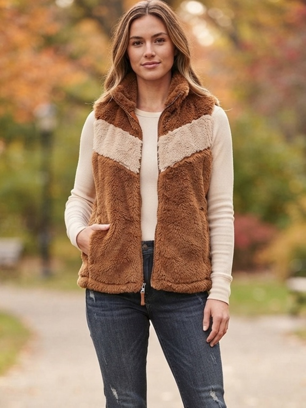 Patagonia‎ High Pile Faux Fur Vest Gorpcore Brown Chevron Full Zip Layering M